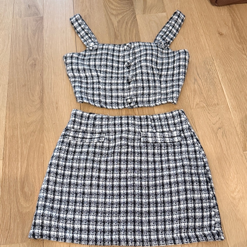 storets Black & White Tweed Cropped Tank + Mini Skirt Set
